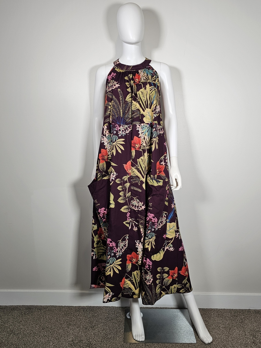 Chepe Plum Purple Floral and Foliage Dress w/ Pockets Sz M